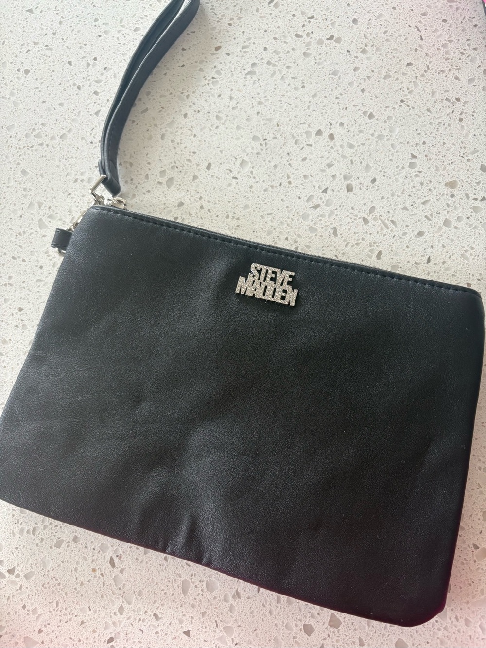 Steve Madden Black Leather-Look Wristlet Pouch